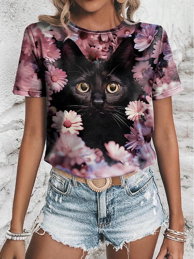  Dames T-shirt 3D cat Bloemig dier Afdrukken Dagelijks Weekend Modieus Korte mouw Ronde hals Paars Zomer