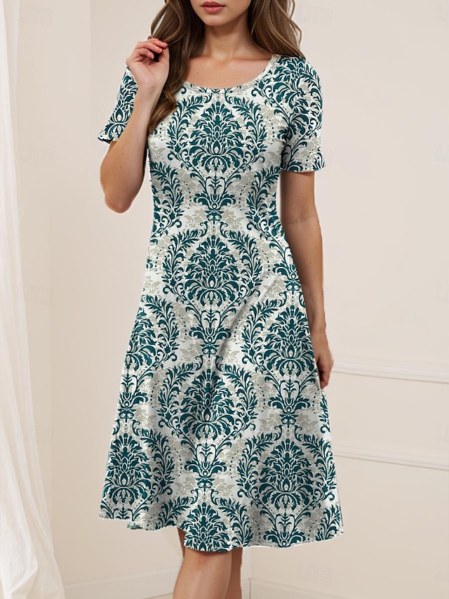 Women's Floral Print Crew Neck Midi Dress Short Sleeve Summer