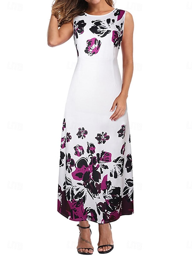 Women's Sundress Summer Dress Floral Print Crew Neck Long Dress Maxi ...