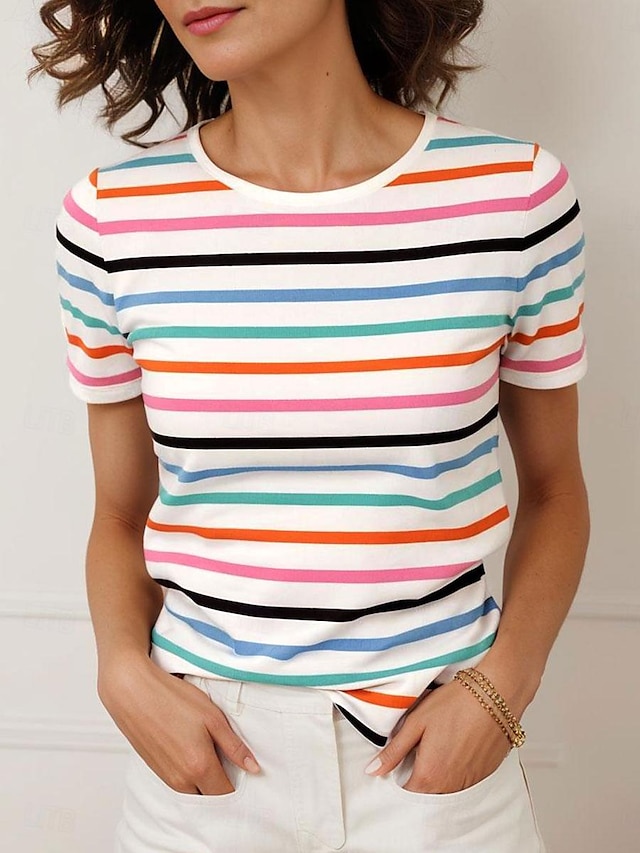  Mulheres Camiseta Arco-Íris Listrado Diário à moda Manga Curta Gola Redonda Arco-íris Verão