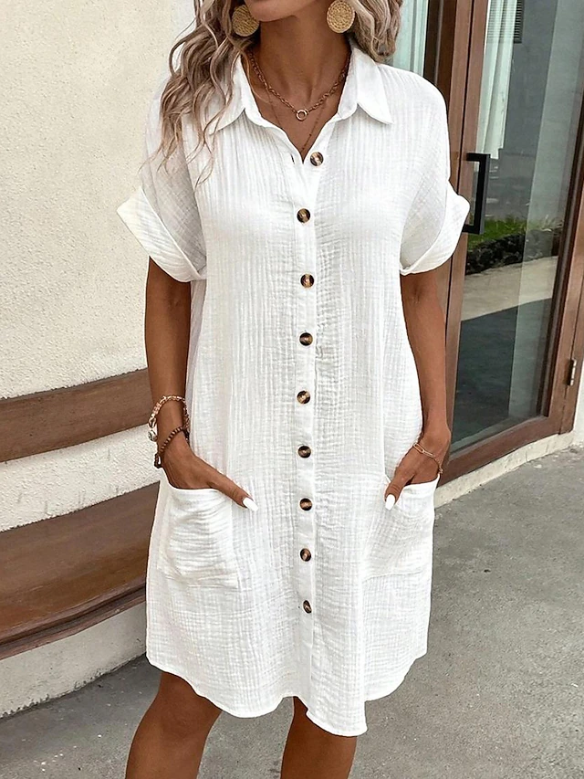 Women's Mini Dress Cotton Linen Dresses Shirt Dress Winter Dress Casual Vacation Regular Fit Plain Short Sleeve V Neck Black White Yellow Blue Summer 11