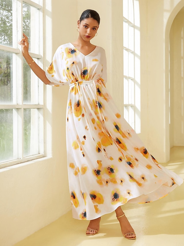  Свободное атласное платье макси с цветочным принтом