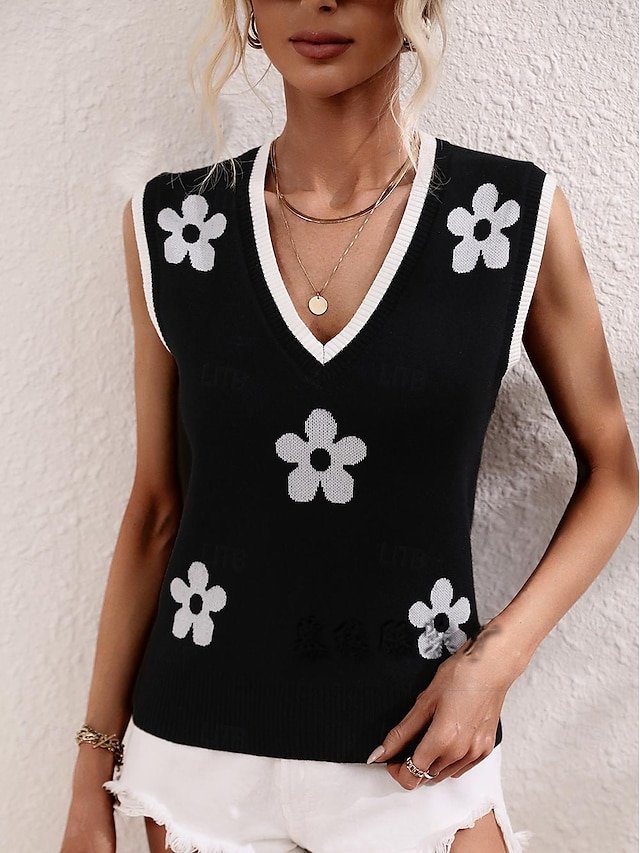  Pentru femei Bluză Floral Zilnic Ieșire Imprimeu Negru Fără manșon Casual În V Vară