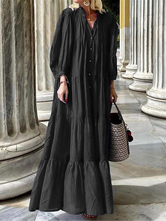  Women's Black Dress Linen Dress Shirt Dress Maxi Dress Button Bohemia Daily Shirt Collar 3/4 Length Sleeve Summer Spring Black Blue Plain