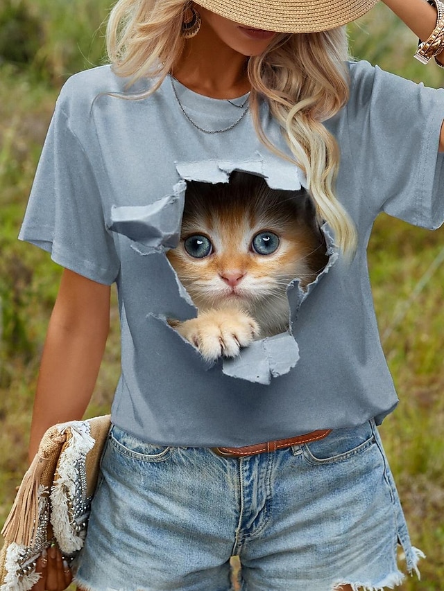  Dame T-shirt 3D cat Dyr Trykt mønster Daglig Weekend Mode Kortærmet Rund hals Hvid Sommer