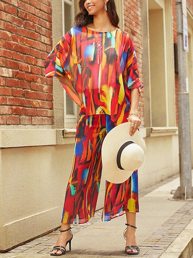  Women's Two Pieces Set Chiffon Tie Dye Striped Casual Daily Print Red Half Sleeve Vacation Daily