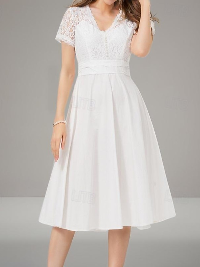  Damen Spitze Patchwork Vintage-Kleid Midikleid Elegant Glatt V Ausschnitt Kurzarm Weiß