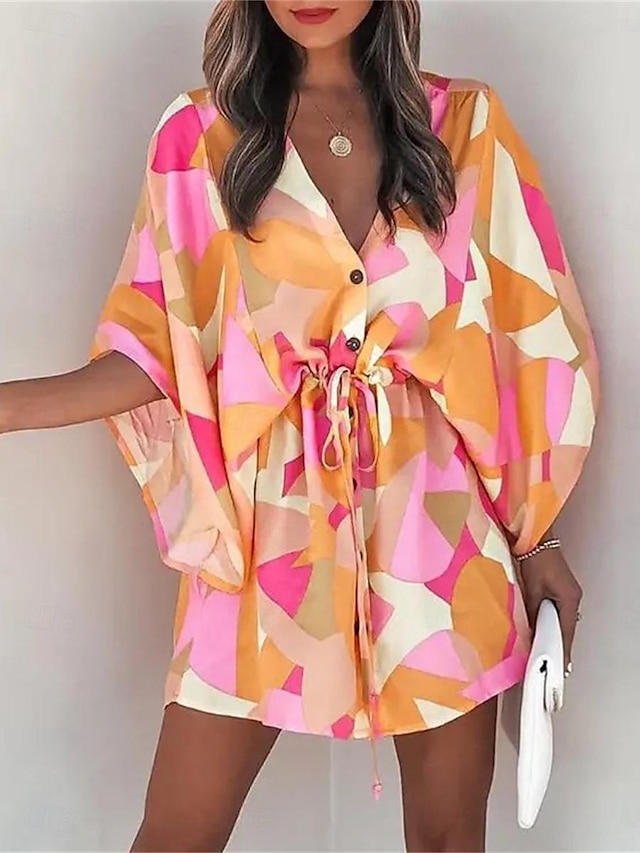  Women's Casual Dress Geometric Color Block Button Drawstring V Neck Mini Dress Hawaiian Stylish Daily Vacation 3/4 Length Sleeve Summer
