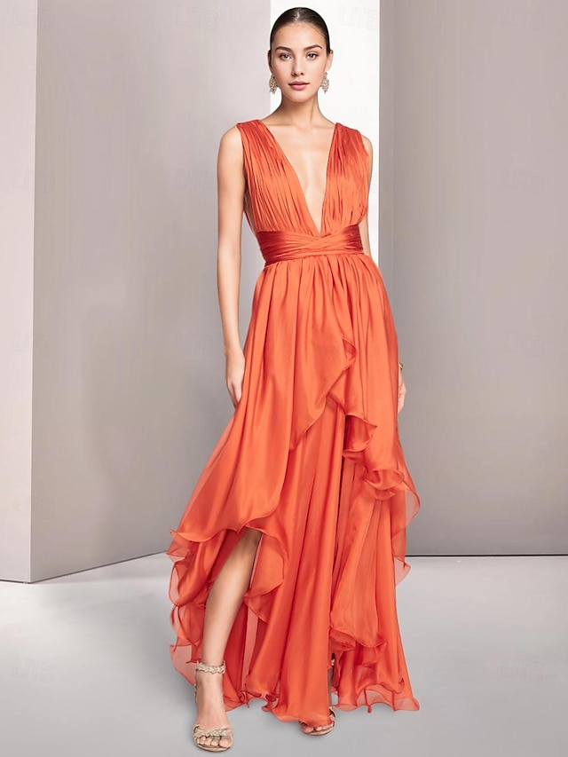  A-Line Elegant Wedding Guest Dress Ruched Prom Dresses Formal Summer Asymmetrical Sleeveless V Neck Chiffon 2024
