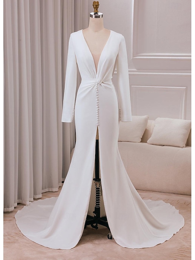  Hall Simple Wedding Dresses Sheath / Column V Neck Long Sleeve Court Train Stretch Fabric Bridal Gowns With Ruched Split Front 2024