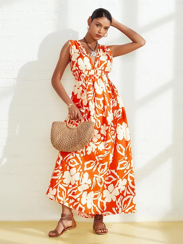  Naisten Resort Wear Maksimekko Oranssi Hihaton Kukka Sido taakse Kevät kesä V kaula-aukko Rantaloma XS S M