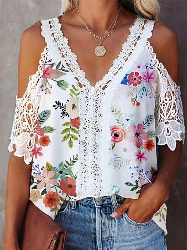 Women's Shirt Lace Shirt Blouse White Lace Shirt Casual Floral Lace Cut Out Print Short Sleeve Regular Tops V Neck Vacation Daily White Yellow Red Summer 5