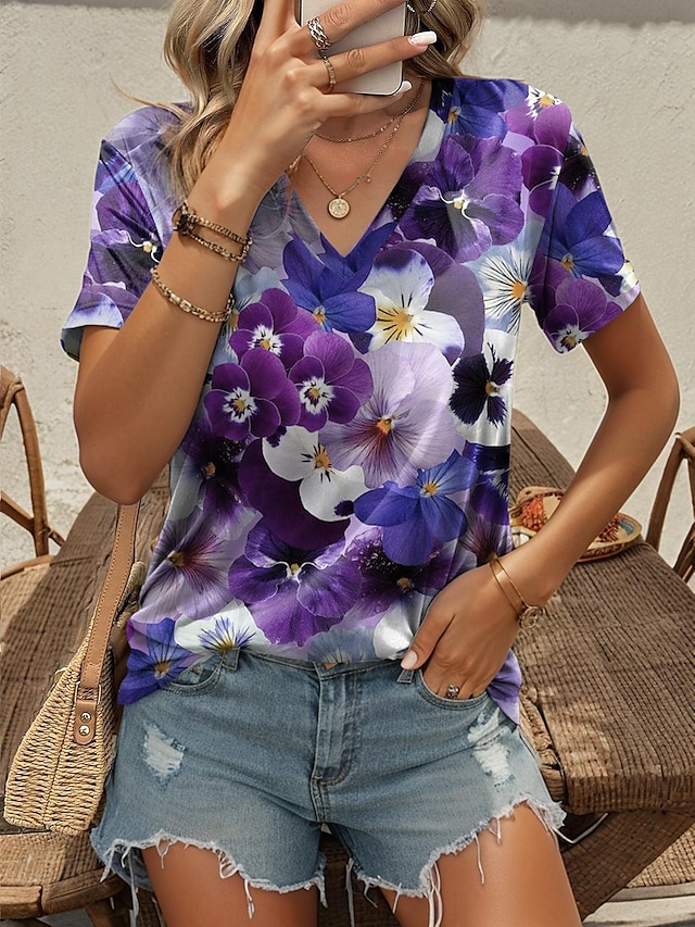  Dame T-shirt Blomstret Trykt mønster Daglig Mode Kortærmet V-hals Navyblå Sommer