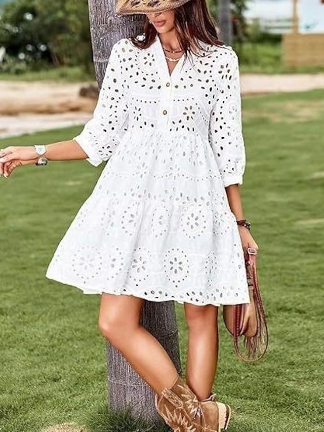  Women's White Lace Dress with Sleeves Mini Dress Lace Embroidered Work Date Vacation Basic Ethnic V Neck White Blue Orange Color