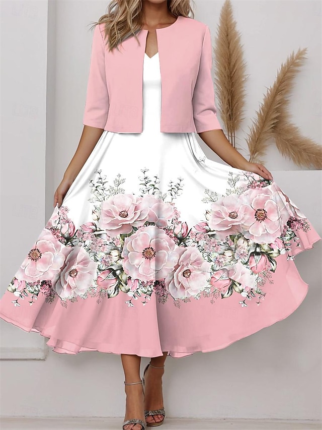  Women's Two Piece Dress Set Casual Dress Chiffon Dress Swing Dress Date Elegant Print Midi Dress V Neck Half Sleeve Floral Regular Fit Pink Spring S M L XL XXL