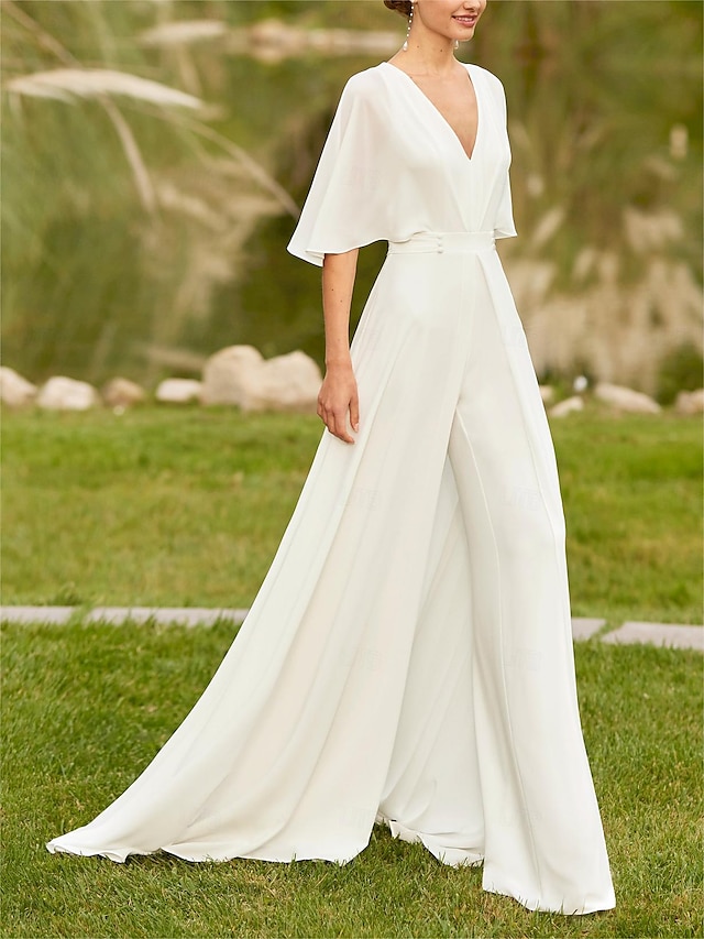  Esküvői ruhák Kétrészes Aszimmetrikus V-alakú Féhosszú Udvariuszály Sifon Menyasszonyi ruhák Val vel Rakott Ráncolt 2024