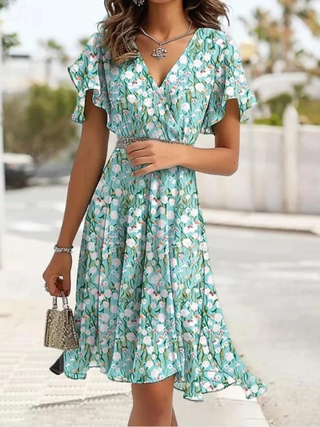  Γυναικεία Σιφόν Φορέματα σιφόν Φλοράλ Πλισέ Με Βολάν Στρογγυλή Ψηλή Λαιμόκοψη Μίντι φόρεμα Πάρτι Αμάνικο Καλοκαίρι