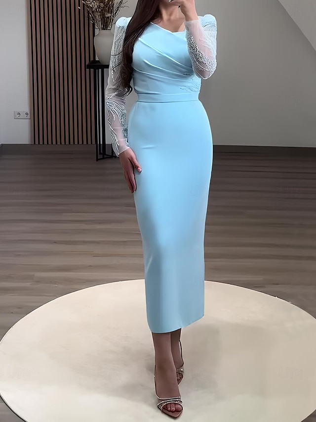  Sheath / Column Cocktail Dresses Elegant Dress Formal Wedding Guest Ankle Length Long Sleeve Square Neck Stretch Crepe with Bow(s) 2024