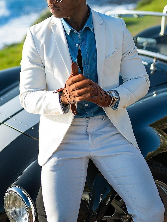  ホワイト 男性用 結婚式 リネンスーツ ソリッド 2点セット ファッション 日常 フォーマル テイラーフィット シングルブレスト 一つボタン 2024年