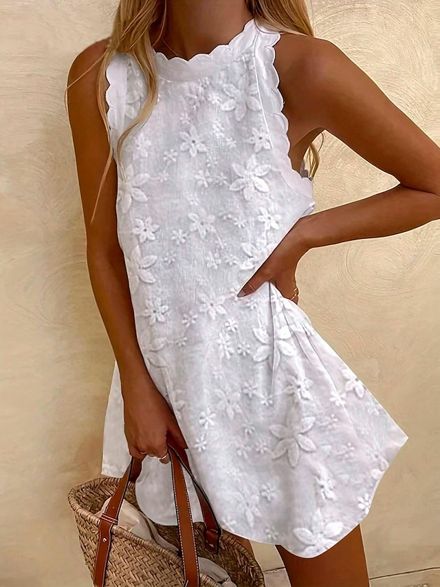  Γυναικεία Φόρεμα Μίνι φόρεμα Δαντέλα Κουρελού Κομψό στυλ street Στρογγυλή Ψηλή Λαιμόκοψη Λευκό Χρώμα
