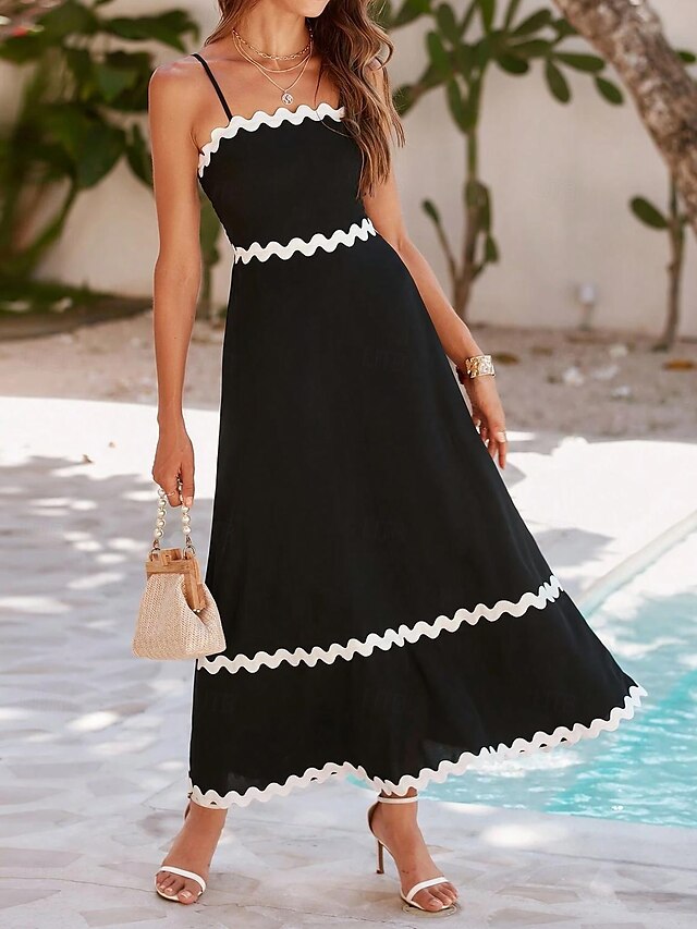  kvinders sorte kjole a line maxi kjole blonde trim ferie strand spaghetti strop ærmeløs sommer