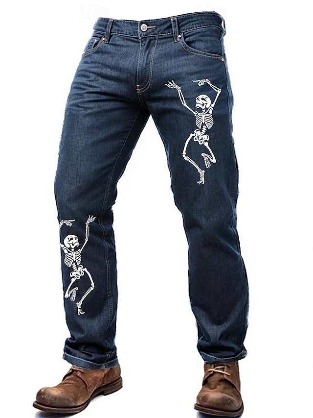  Skull Print Men's Jeans Mid Waist Skinny Fit Stretchy Slim Fit Jeans Tapered Leg Fashion Denim Pants