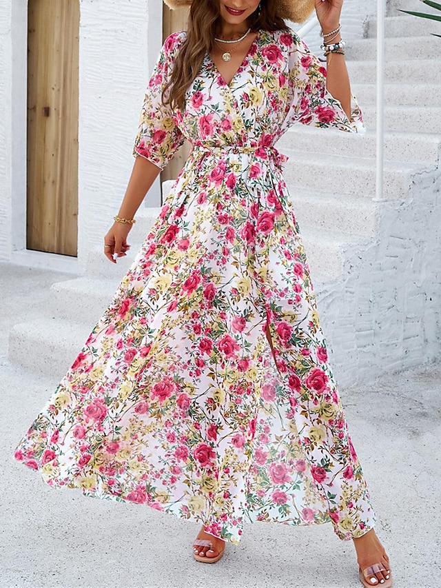  Női hétköznapi ruha A vonalú ruha Virágos Nyomtatott V-alakú Hosszú ruha Maxi ruha Csehország Stílusos Napi Randi Háromnegyedes Nyár