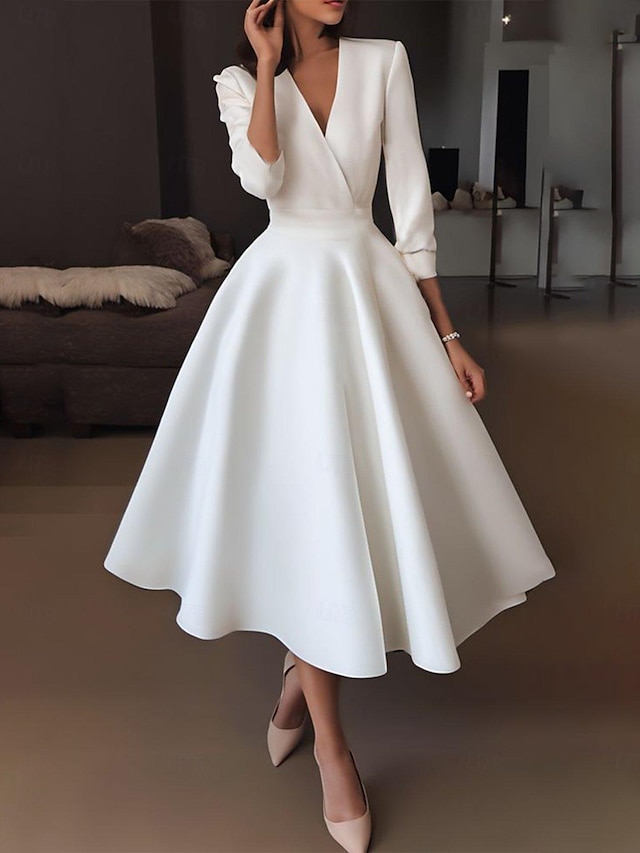  simple brudekjoler lille hvid kjole a-line v-hals halværmet te-længde satin brudekjoler med drapering 2024