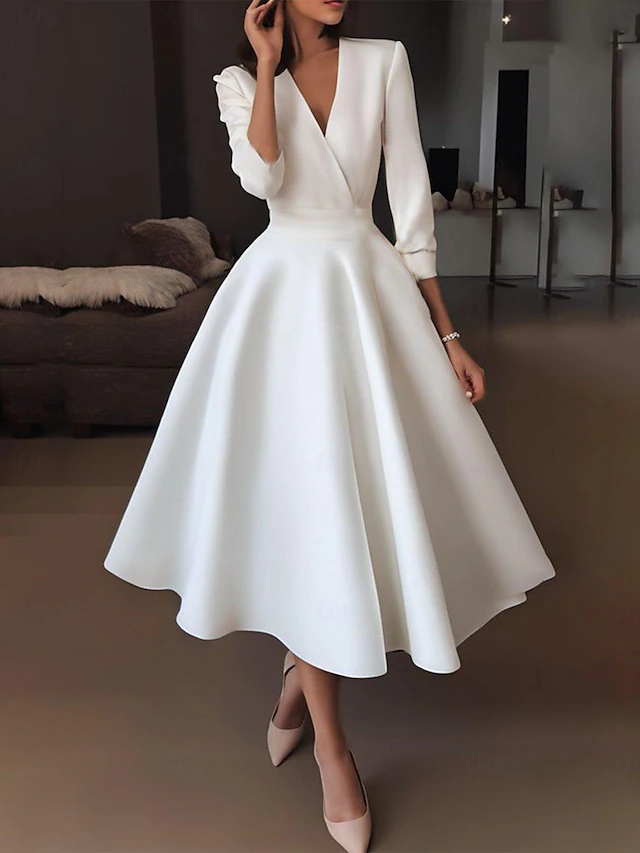 Wedding Dresses A-Line V Neck Half Sleeve Tea Length Satin Bridal Gowns With Draping4