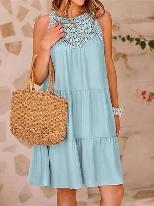  Pentru femei Rochie Mini Rochie albă Rochie de dantela Rochie Boho Casual Vacanță Stradă Fit regulat Fără manșon Stil Nautic Negru Alb Roșu-aprins Bleumarin Vară