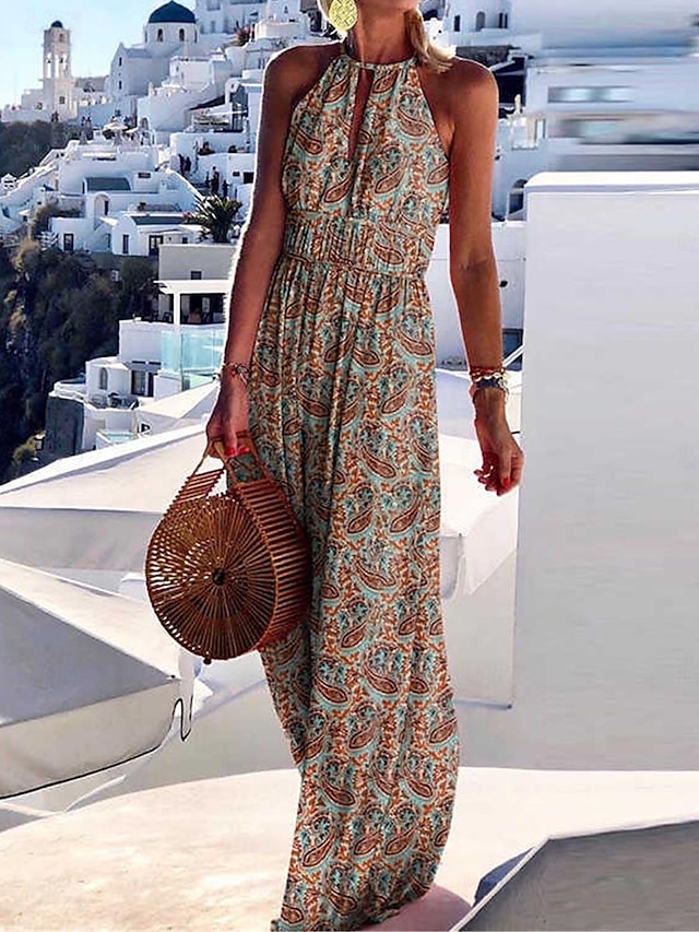  Γυναικεία Φλοράλ Στάμπα Λαιμός Μακρύ Φόρεμα Μάξι Φόρεμα Βοημία Διακοπές Αμάνικο Καλοκαίρι