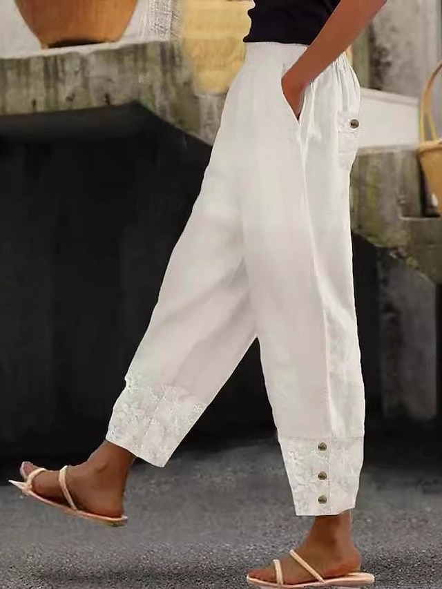  Women's Pants Trousers Linen Cotton Blend Mesh Side Pockets Ankle-Length White Spring & Summer