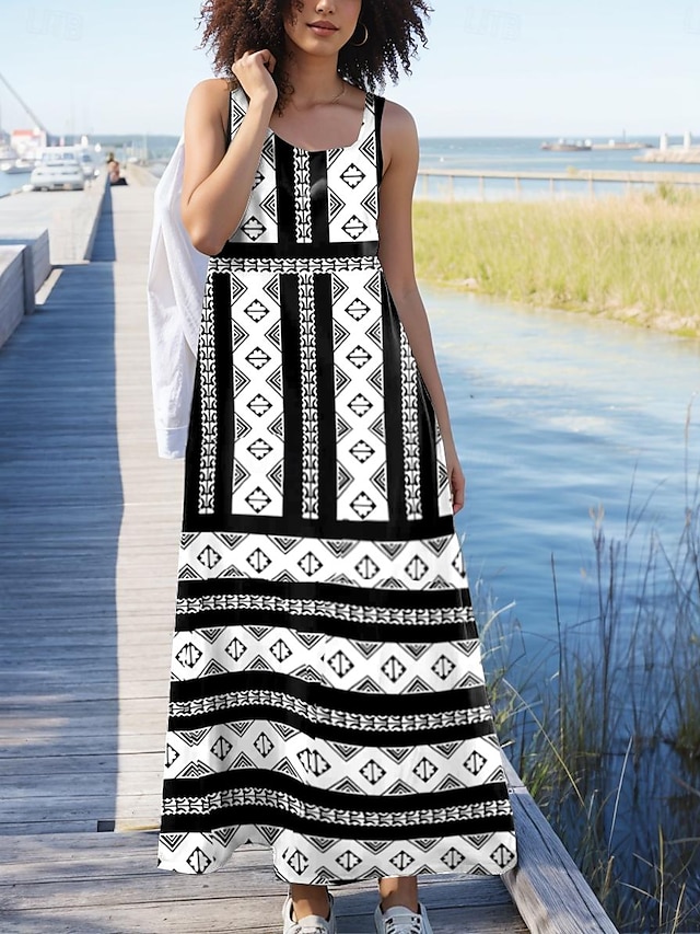  Γυναικεία Γεωμετρικό Στάμπα Τετράγωνη Λαιμόκοψη Μακρύ Φόρεμα Μάξι Φόρεμα Αμάνικο Καλοκαίρι