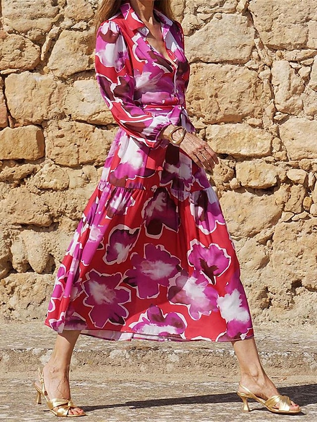  Γυναικεία Καθημερινό φόρεμα Φλοράλ Συνδυασμός Χρωμάτων Στάμπα Κολάρο Πουκαμίσου Μακρύ Φόρεμα Μάξι Φόρεμα Καθημερινά Διακοπές Μακρυμάνικο Καλοκαίρι