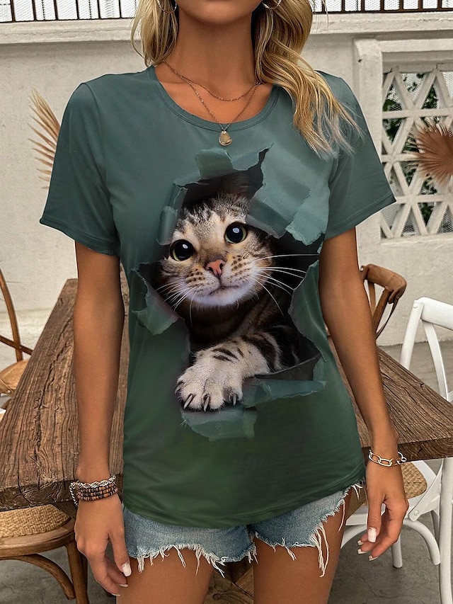  Damen T Shirt Tier Täglich Wochenende Bedruckt Grün Kurzarm Modisch Rundhalsausschnitt 3D cat Sommer