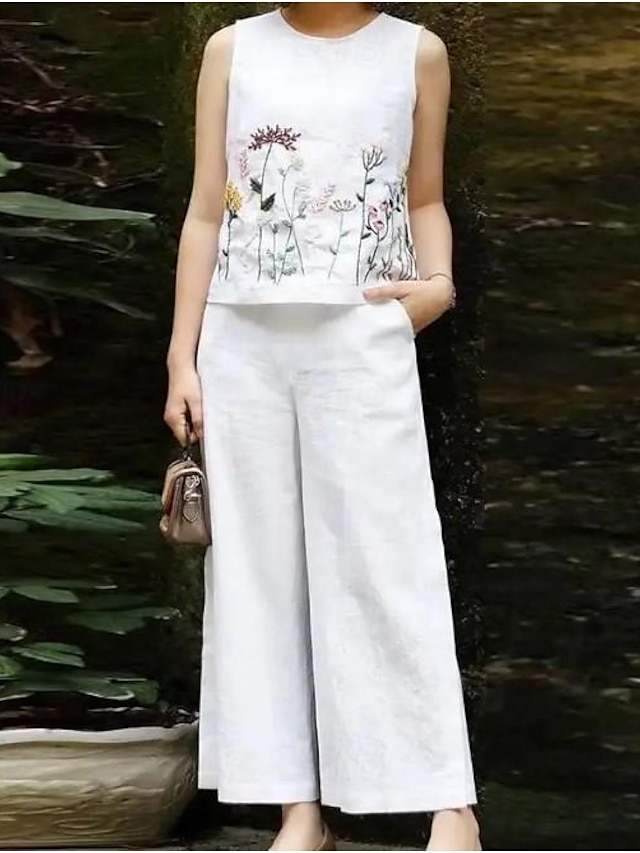  Mulheres Malha Íntima Conjuntos de calças Floral Feriado Final de semana Moda Sem Manga Gola Redonda Branco Verão