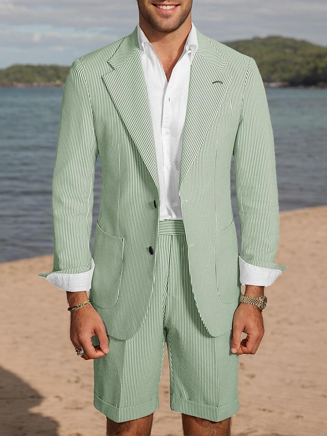  seersucker grøn pink herre bryllupsshorts vest bryllupsfest jakkesæt stribet 2-delt mode casual skræddersyet pasform enkeltradet to-knapper 2024