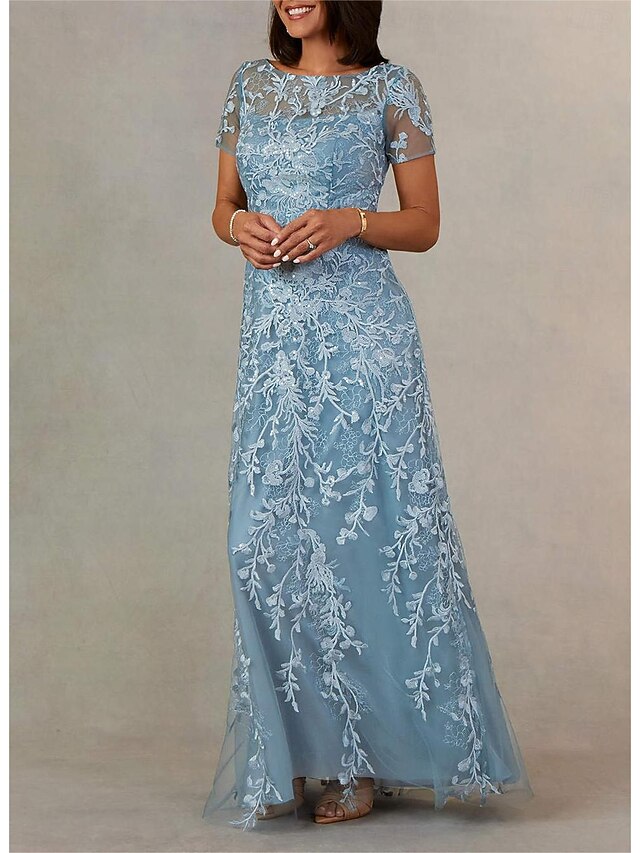 A-Line Mother of the Bride Dress Wedding Guest Elegant Jewel Neck Floor Length Lace Tulle Long Sleeve with Ruching Solid Color