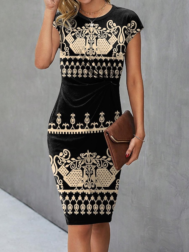  Dame Geometrisk Trykt mønster V-hals Mini kjole Kortærmet Sommer