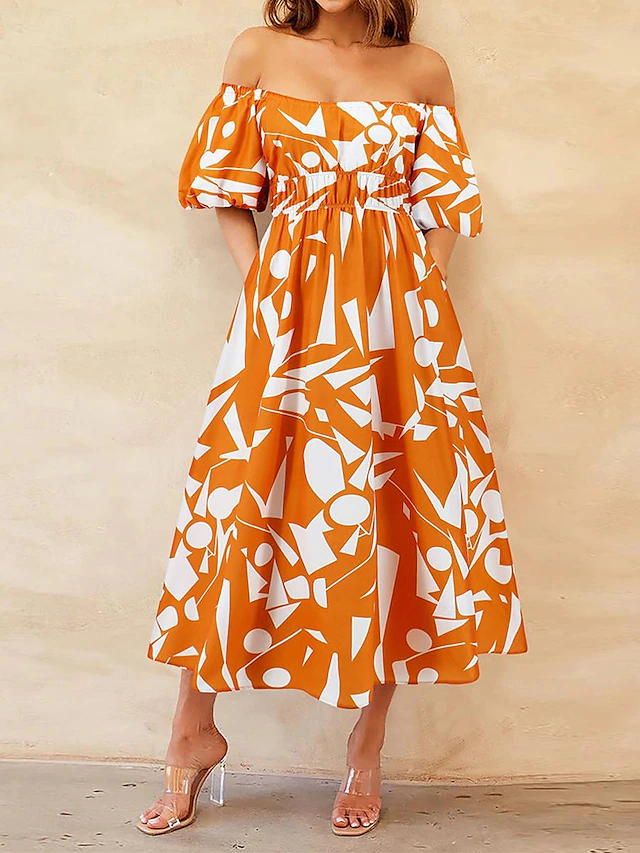 Women's Casual Dress Floral Leaf Backless Print Off Shoulder Puff Sleeve Long Dress Maxi Dress Stylish Casual Daily Date Half Sleeve Summer 24