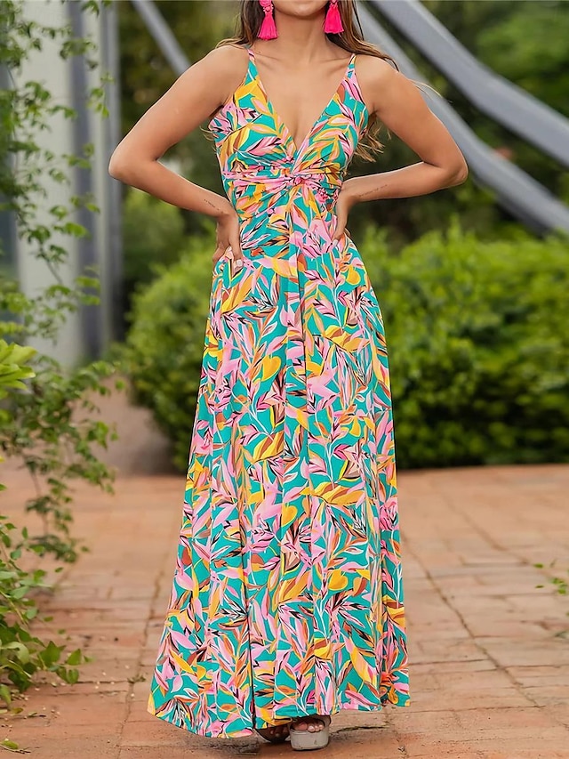  Γυναικεία Καθημερινό φόρεμα Φόρεμα σε γραμμή Α Σλιπ Φόρεμα Φλοράλ Φύλλο Στάμπα Τιράντες Μακρύ Φόρεμα Μάξι Φόρεμα Χαβανέζα Μπόχο Καθημερινά Διακοπές Αμάνικο Καλοκαίρι