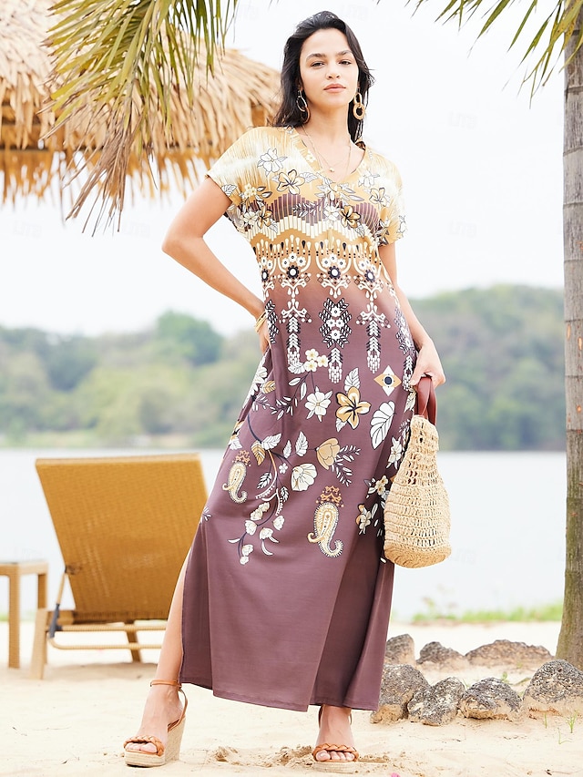  Damen Vintage-Kleid Casual kleid Stammes Gespleisst Bedruckt V Ausschnitt kleid lang Vintage Ethnisch Urlaub Kurzarm Sommer