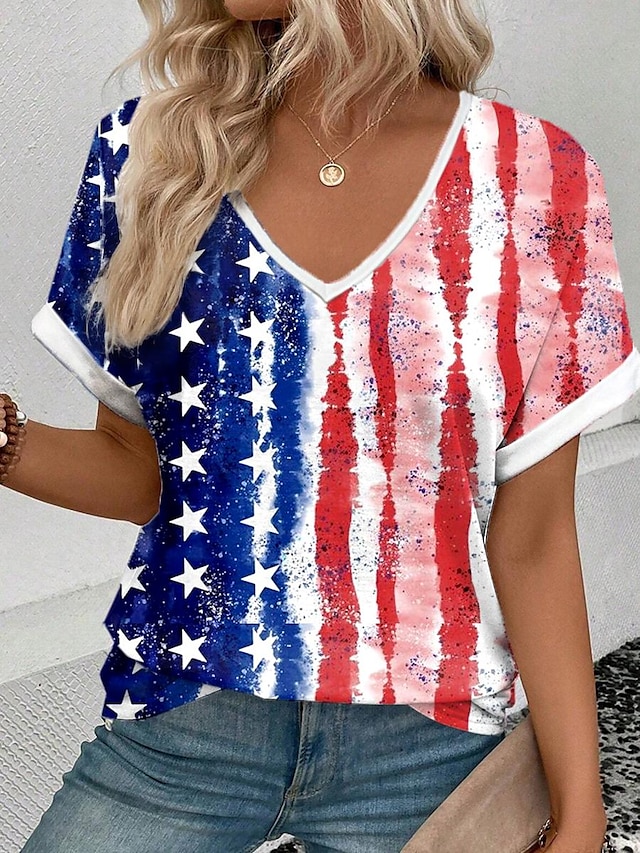  Dame T skjorte Flagg USA Daglig Uavhengighetsdagen Stilfull Kortermet V-hals Blå Sommer Vår