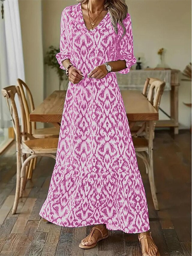  Women's Maxi Dress Bohemian Blue White Ikat Print V-neck Long Sleeve Flowing Beach Casual Social Holiday Full Sizes Comfortable Light Fabric