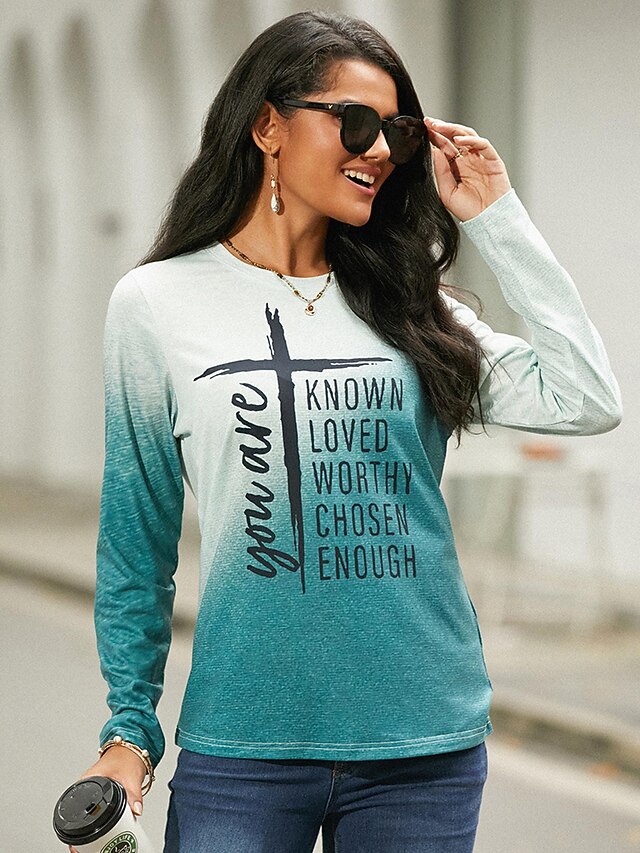 Women's T shirt Crew Neck Long Sleeve Tunic Basic Print Regular Tops Round Neck Daily Weekend Orange Green Gray Spring & Fall Fall & Winter you are KNOWN LOVED WORTHY CHOSEN ENOUGH 8