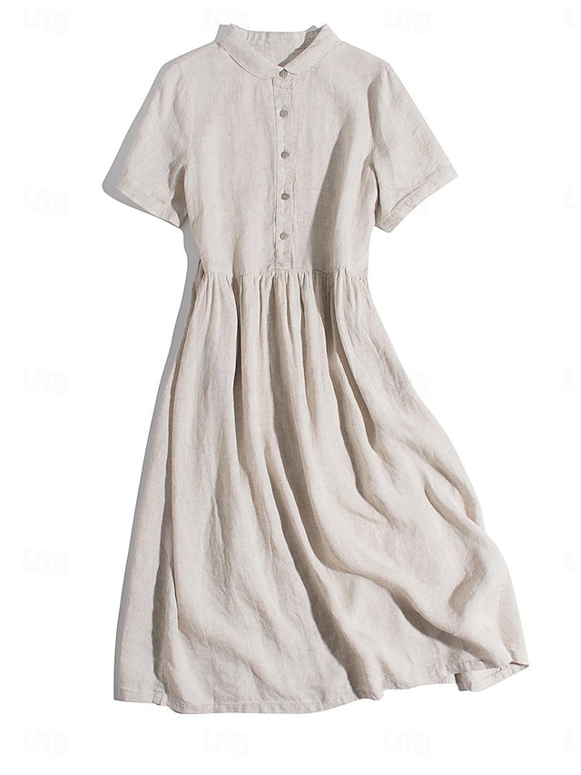  Women's Linen Dress Shirt Dress White Cotton Dress Midi Dress Button Vacation Shirt Collar Short Sleeve Summer Spring ArmyGreen Pink Plain