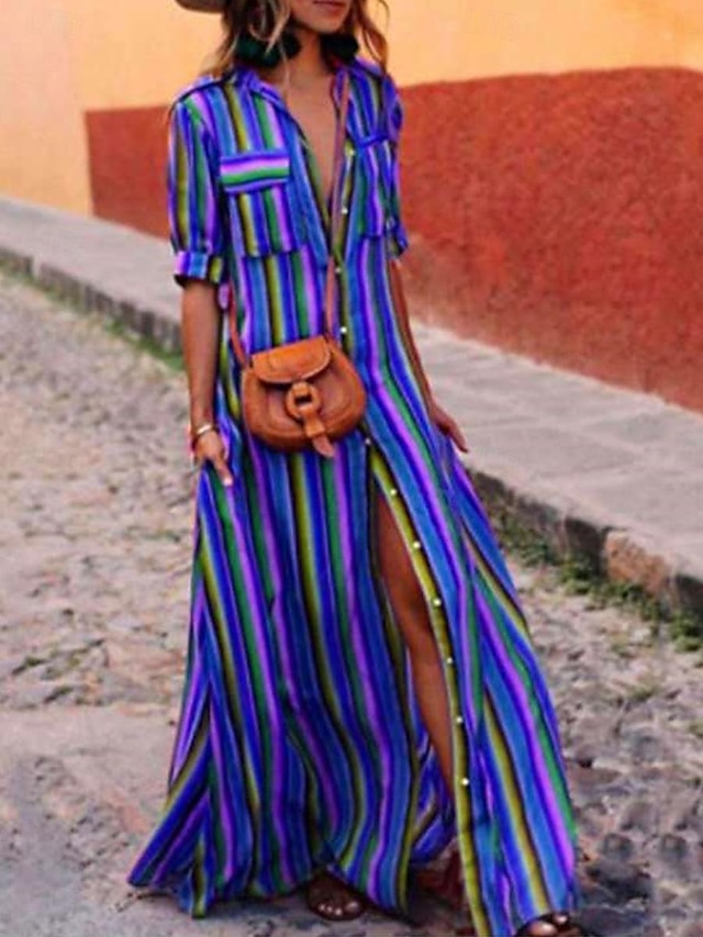  dam skjortklänning boho chica klänningar maxi lång klänning semester strand bohemia skjorta krage knappficka halv ärm sommar vår lös passform randig