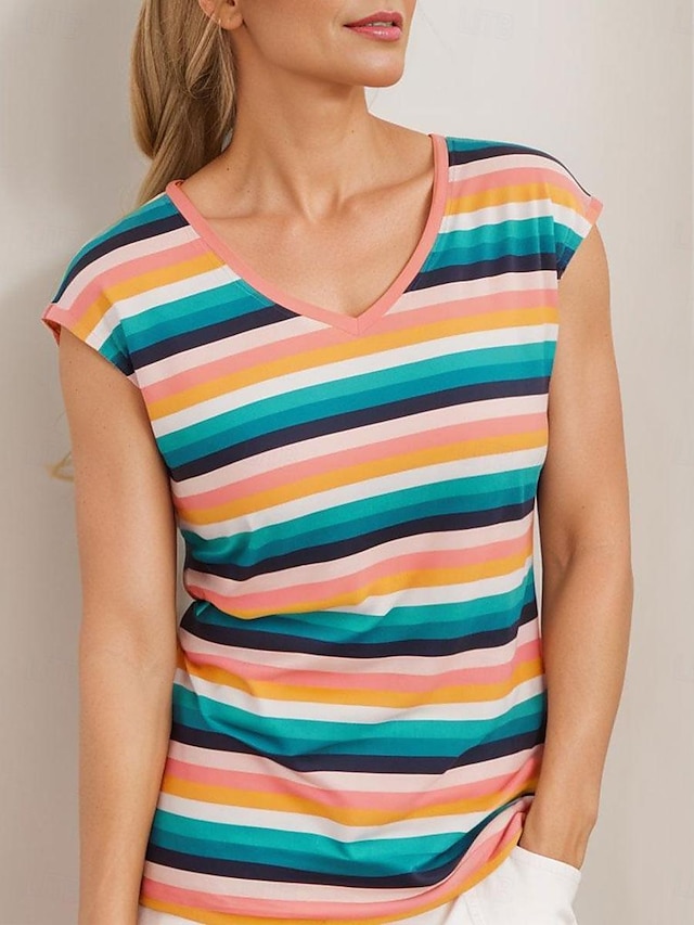  Camiseta feminina listra folha impressão diária manga boné arco-íris manga curta diário elegante decote em v verão