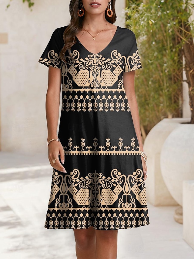  Vestido Midi Feminino Vestido Casual Verão Estampa Floral Decote V Elegante Rua Férias Manga Curta Verão