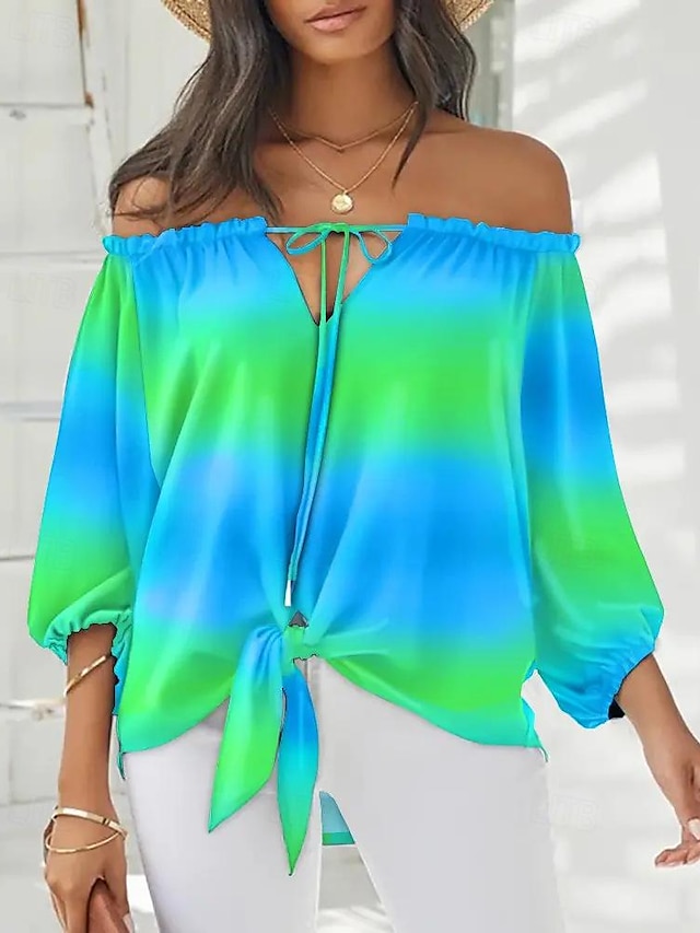  Women's Shirt Blouse Color Gradient Vacation Going out Lace up Print Puff Sleeve Light Green Long Sleeve Casual Off Shoulder Spring & Summer
